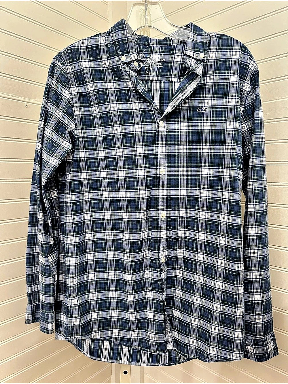 Vineyard Vines Boys On-The-Go Performance Plaid Shirt Blue & Green XL